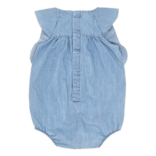 Barboteuse bleu jean volantée, marque Chloé, fille 3 mois, vue de dos, vêtement seconde main luxe à prix doux