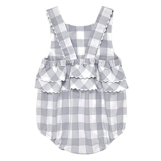 Barboteuse grise à carreaux vichy, Jacadi, 6 mois, vue de dos, vêtement bébé fille marque haut de gamme, seconde main chic en parfait état