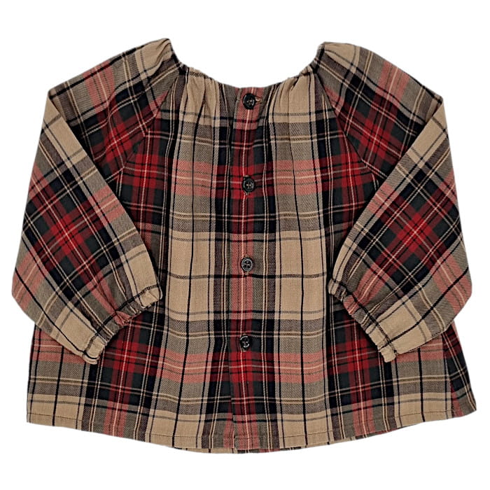 Blouse bébé fille à carreaux écossais vert kaki/rouge, taille 6 mois, marque Bonpoint - seconde main haut de gamme