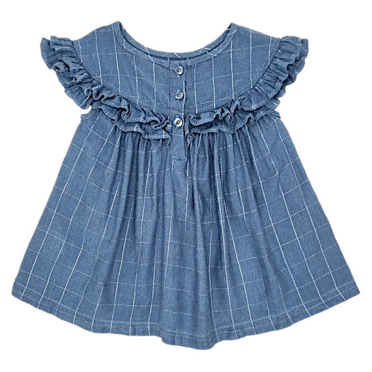 Blouse bleu grisé volantée, Calvin Klein, fille 18 mois, vue de dos, vêtement bébé tendance, seconde main en excellent état