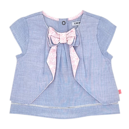 Blouse bébé fille bleu/rose à nœud, taille 6 mois, marque IKKS - seconde main premium