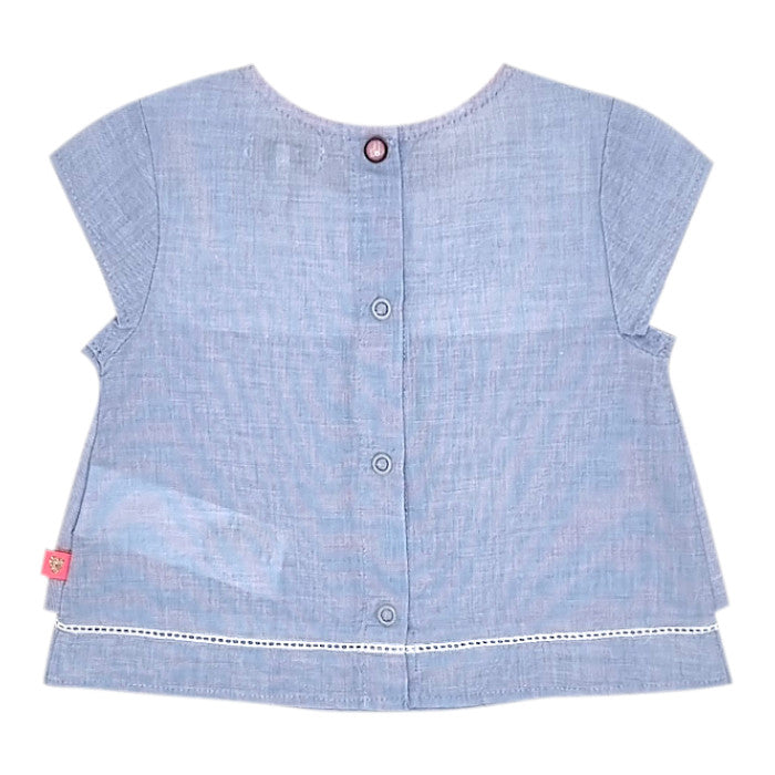 Blouse bébé fille bleu/rose à nœud, taille 6 mois, marque IKKS - seconde main premium