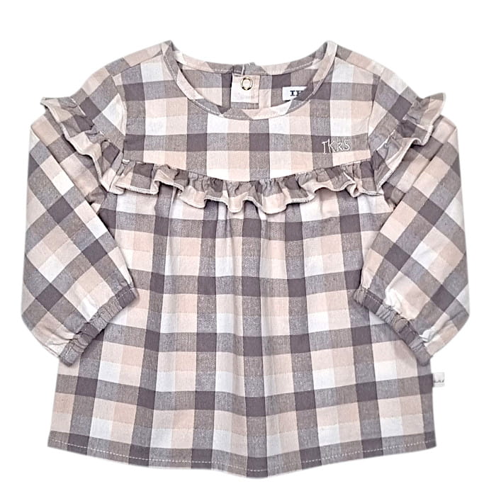 Blouse à carreaux bébé fille à carreaux gris/rose, taille 6 mois, marque IKKS - seconde main premium