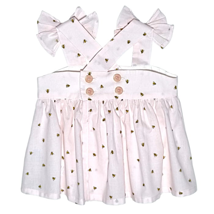 Blouse à bretelles bébé fille rose motif abeilles, taille 6 mois, marque Il Gufo - seconde main haut de gamme