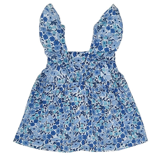 Blouse bébé bleu en tissu Liberty Jacadi, vue de dos, fille 24 mois