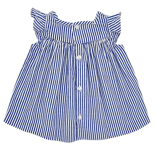 Blouse bleue à rayures, marque Jacadi, bébé fille 6 mois, vue de dos, vêtement de seconde main en excellent état