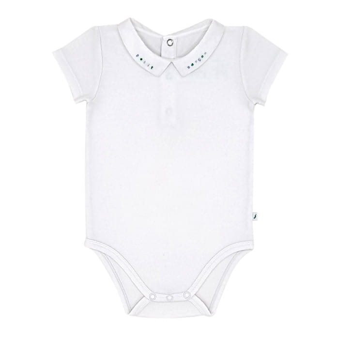 Body blanc manches courtes col brodé, Jacadi, garçon 12 mois, vue de face, vêtement bébé de marque, mode de seconde main chic