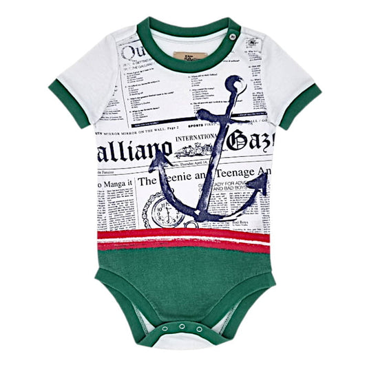 Body bébé garçon vert imprimé gazette, taille 9 mois, marque John Galliano - seconde main luxe