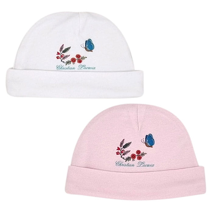 Duo de bonnets bébé fille blanc/rose, taille 0-3 mois, marque Christian Lacroix - seconde main luxe