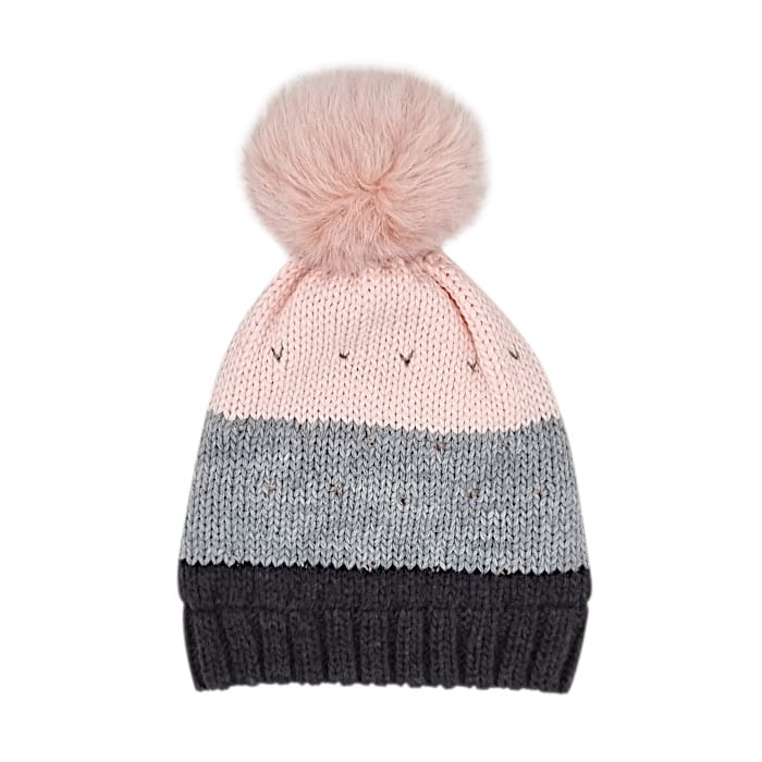 Bonnet bébé fille rose/gris à pompon, taille 6-18 mois, marque IKKS - seconde main premium
