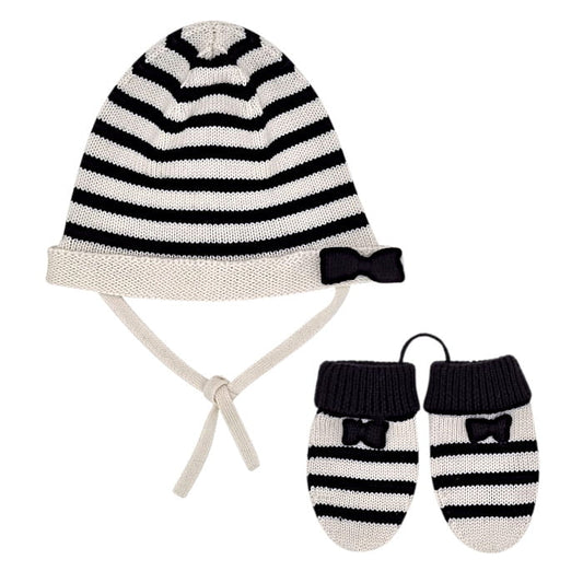 Bonnet et moufles bébé fille à rayures bleu marine/écru, taille 9 mois, marque Jacadi - seconde main haut de gamme