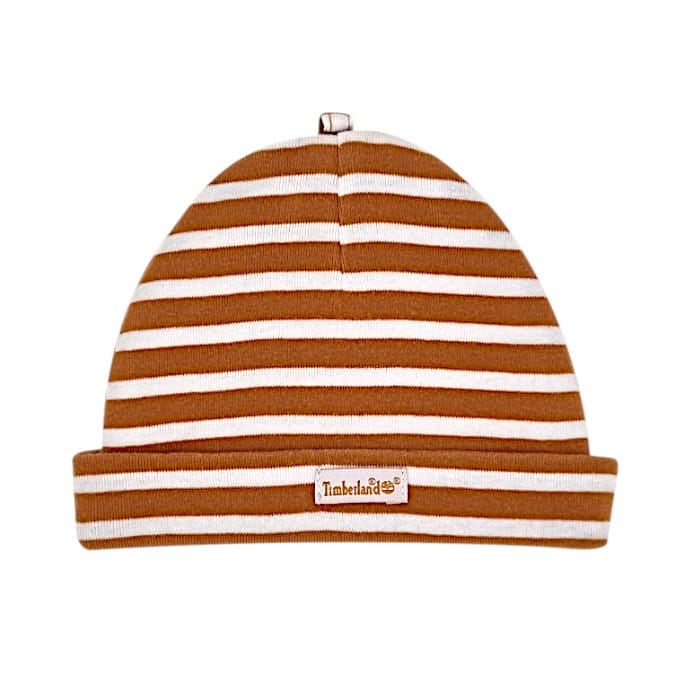 Bonnet bébé garçon rayé camel/blanc, taille 0-18 mois, marque Timberland - seconde main premium
