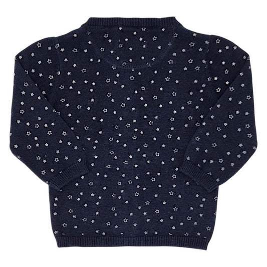 Cardigan bébé bleu marine motif étoiles IKKS, vue de dos, fille 3 mois