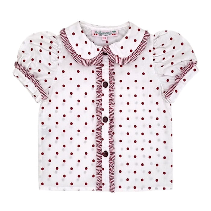Chemise bébé fille blanche à pois bordeaux, taille 12 mois, marque Bonpoint - seconde main haut de gamme