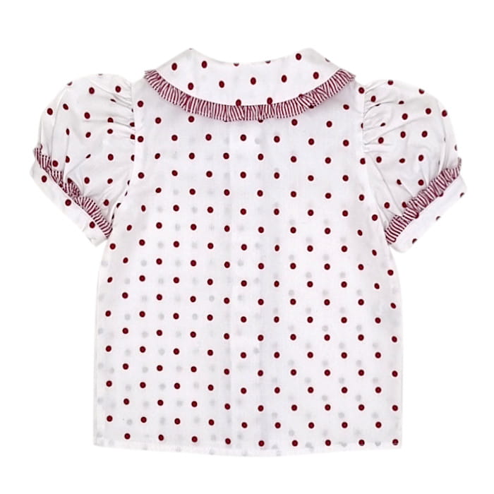 Chemise bébé fille blanche à pois bordeaux, taille 12 mois, marque Bonpoint - seconde main haut de gamme