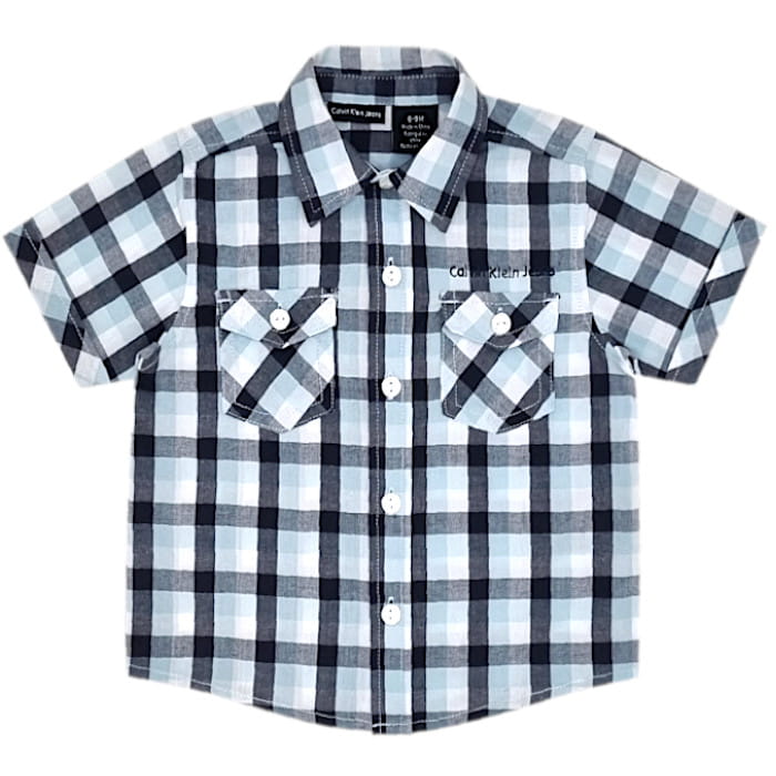 Chemise manches courtes bébé garçon à carreaux vert menthe/noir, taille 6-9 mois, marque Calvin Klein - seconde main premium