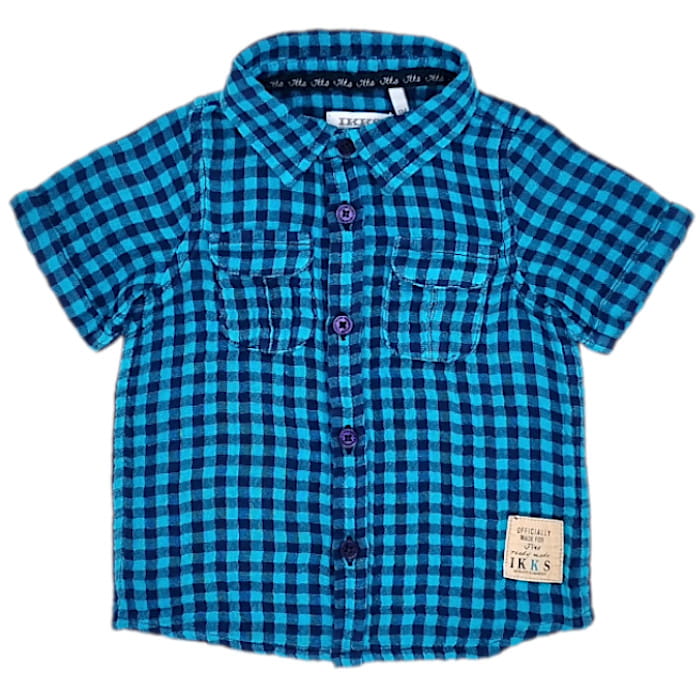 Chemise bébé garçon turquoise/bleu marine à manches courtes, taille 6 mois, marque IKKS - seconde main premium