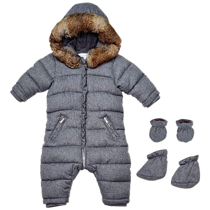 Combi pilote bébé fille Tartine et Chocolat d'occasion 6 mois gris foncé avec moufles et pieds amovibles