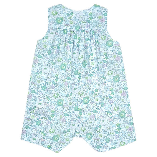 Combinaison bébé vert en tissu Liberty Jacadi, vue de dos, fille 6 mois