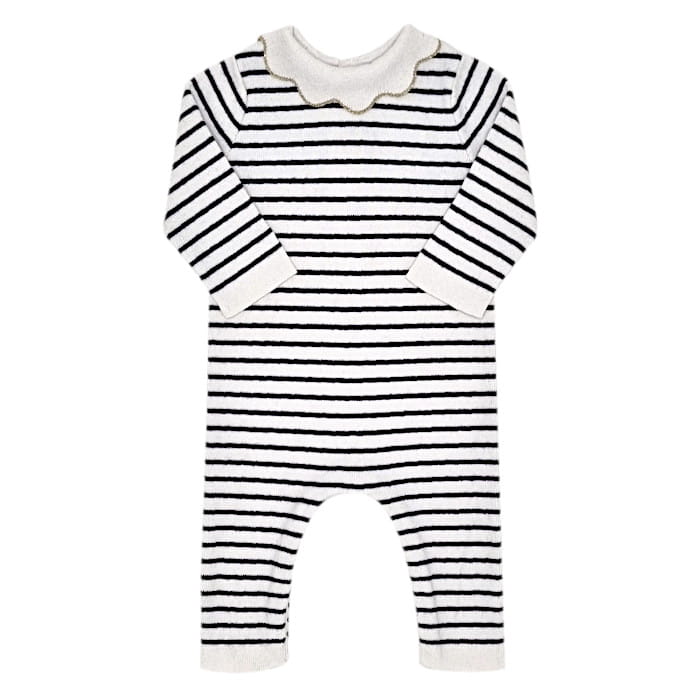 Combinaison longue bébé fille écru/marine à rayures, taille 6 mois, marque Jacadi - seconde main haut de gamme