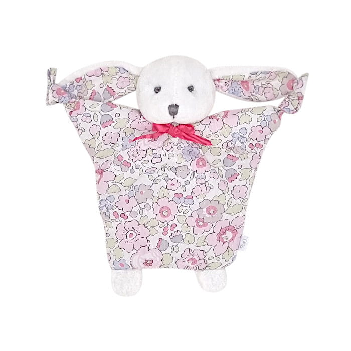Doudou lapin blanc tissu Liberty, marque Jacadi, vue de face, article de puériculture seconde main en état impeccable