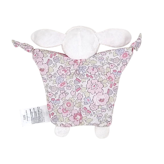 Doudou lapin blanc tissu Liberty, marque Jacadi, vue de dos, article de puériculture seconde main en état impeccable