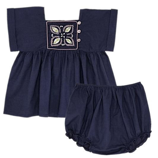 Ensemble bébé fille blouse et bloomer bleu marine, taille 6 mois, marque Bonpoint - seconde main haut de gamme