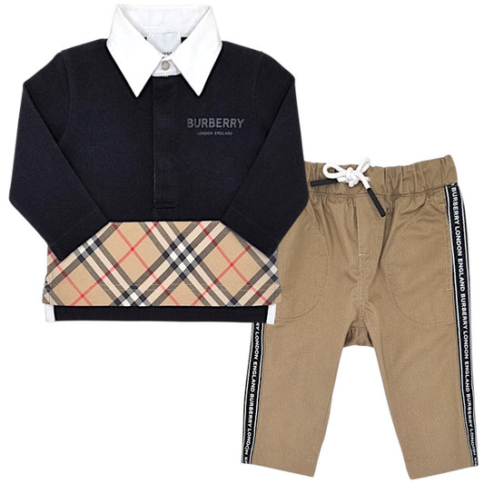 Ensemble bébé noir/beige polo et pantalon Burberry, vue de devant, garçon 6 mois