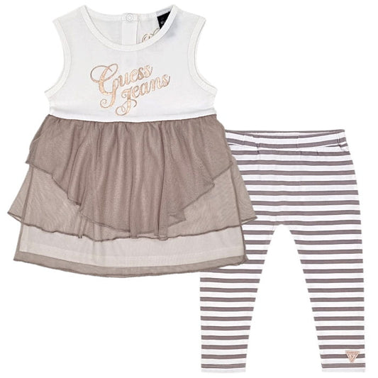 Ensemble tunique et legging rayé, Guess, fille 12 mois, vue de face, vêtement bébé de marque, seconde main chic en état impeccable