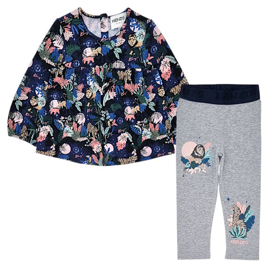 Ensemble bébé marine/gris chiné blouse et legging Kenzo, vue de devant, fille 18 mois