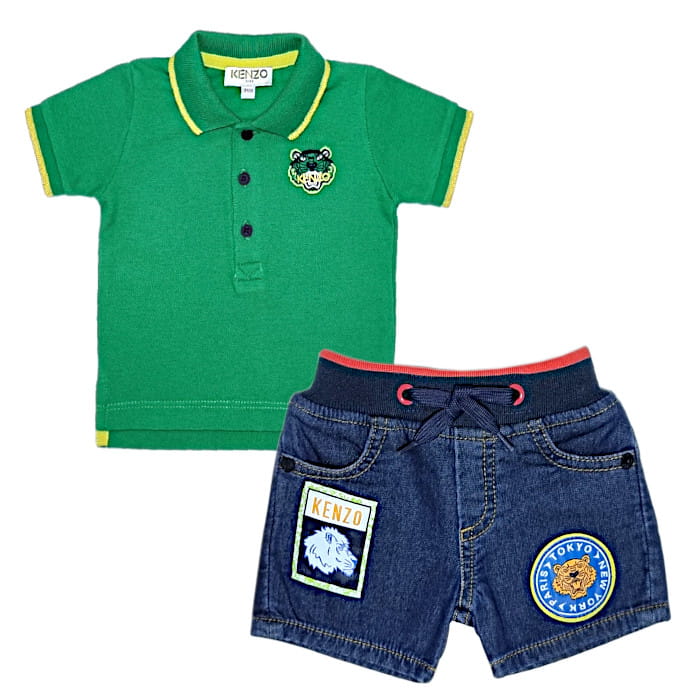 Ensemble Kenzo bébé garçon 3 mois, polo vert et short bleu, vue de face, vêtement luxe d'occasion