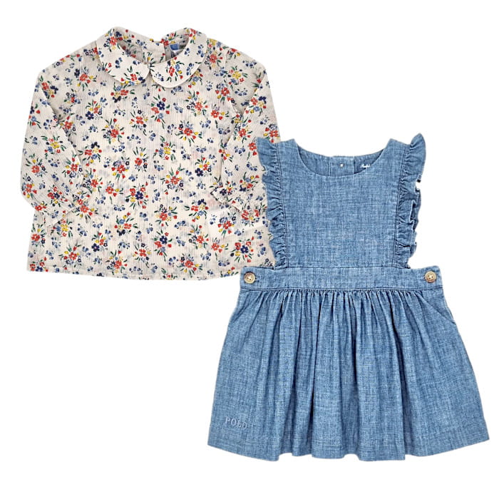 Ensemble bébé fille Ralph Lauren 3 mois – blouse fleurie et robe bleue élégante, idée cadeau de naissance haut de gamme