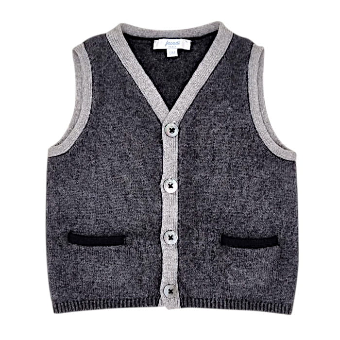 Gilet sans manches gris, Jacadi, garçon taille 12 mois, vue de face, vêtement d'occasion pour bébé
