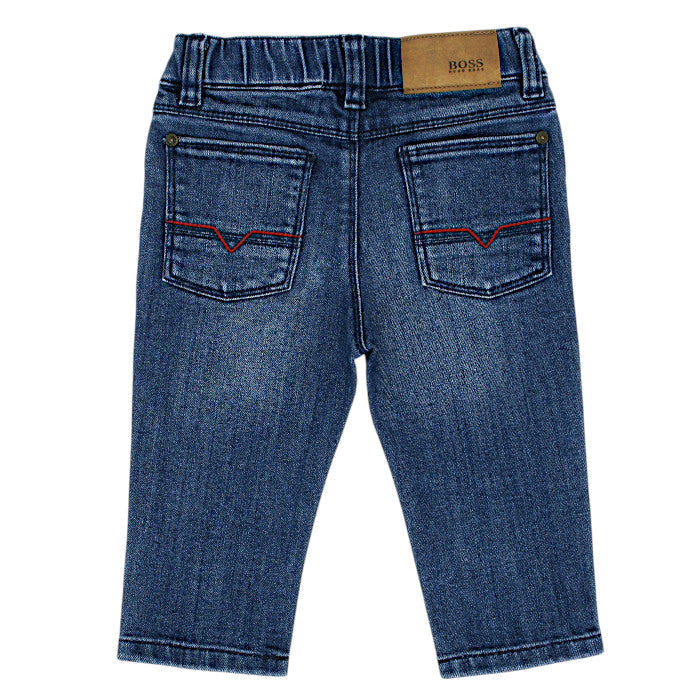 Jean confort bébé garçon Boss 9 mois, bleu délavé, poches plaquées sur l'arrière
