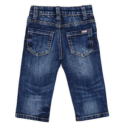 Jean droit bébé garçon IKKS 6 mois, bleu usé, poches plaquées sur l'arrière