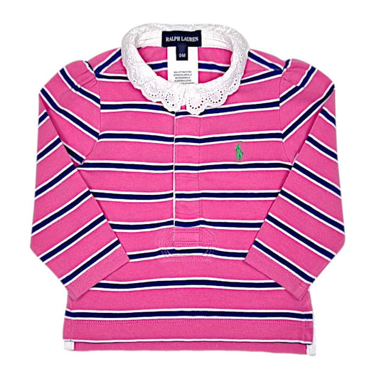 Polo bébé fille rose à manches longues, taille 9 mois, marque Ralph Lauren - seconde main luxe