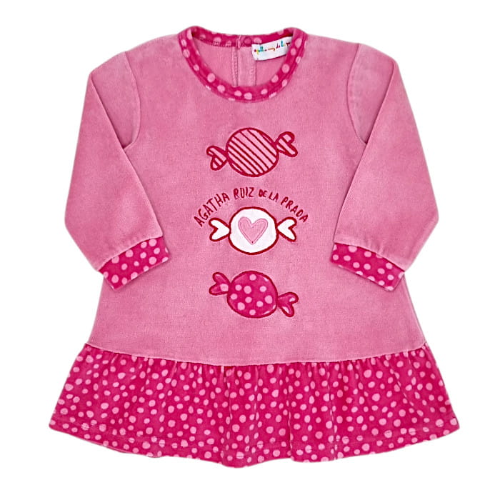 Robe rose motifs bonbons, Agatha Ruiz de la Prada, fille 12 mois, vue de face, vêtement de seconde main pour bébé