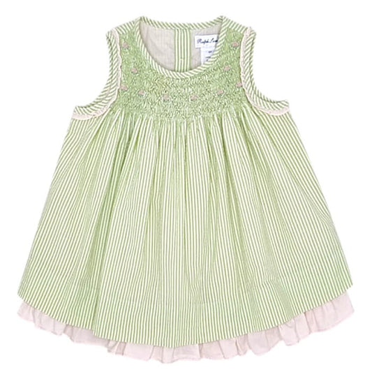 Robe bébé fille vert pastel/rose à smocks, taille 6 mois, marque Ralph Lauren - seconde main luxe