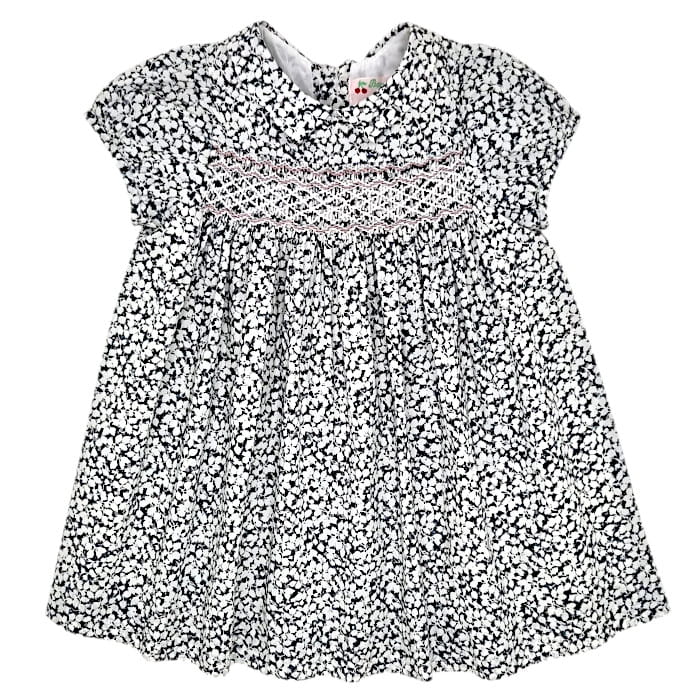 Robe smockée grise imprimé fleuri, Bonpoint, fille 12 mois, vue de face, vêtement bébé occasion de marque luxe