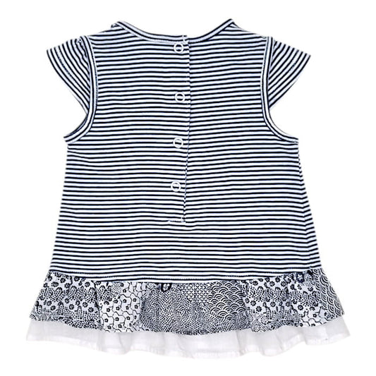 Robe bicolore blanc bleu, marque IKKS, fille 1 mois, vue de dos, vêtement bébé seconde main, état impeccable, prix doux