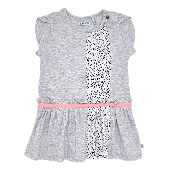 Robe gris chiné manches courtes, Ikks, 6 mois, vue de face, vêtement d'été pour bébé fille, mode circulaire