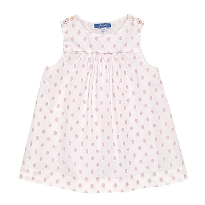 Robe blanche motif pois roses, fille 6 mois, vue de face, vêtement bébé Jacadi d'occasion, seconde main premium