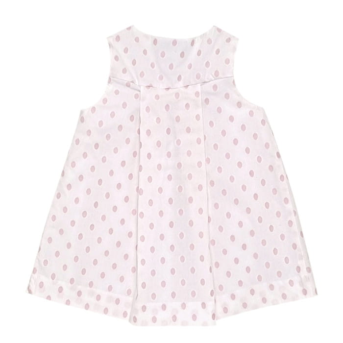 Robe blanche motif pois roses, fille 6 mois, vue de dos, vêtement bébé Jacadi d'occasion, seconde main premium