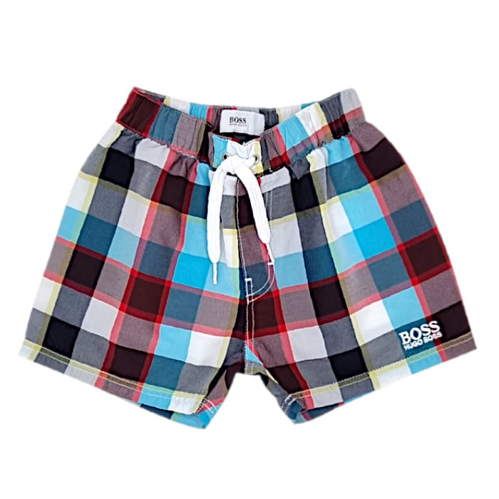 Short de bain à carreaux, marque Hugo Boss, bébé garçon 6 mois, vue de face, vêtement seconde main haut de gamme en état impeccable