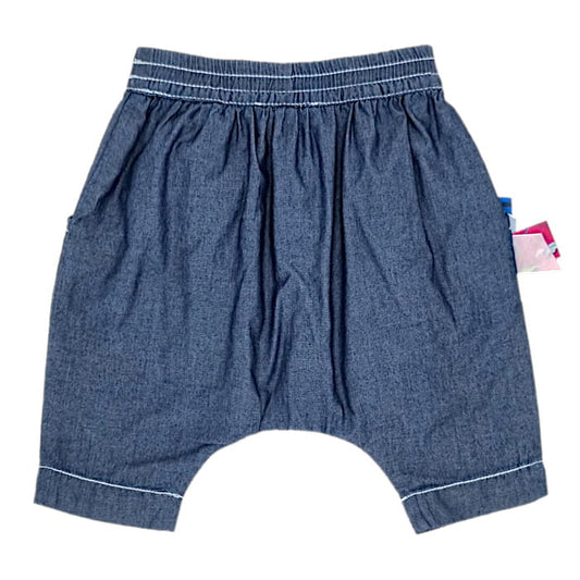 Short sarouel bleu, Jean-Paul Gaultier, fille 6 mois, vue de dos, vêtement bébé créateur de seconde main, état impeccable