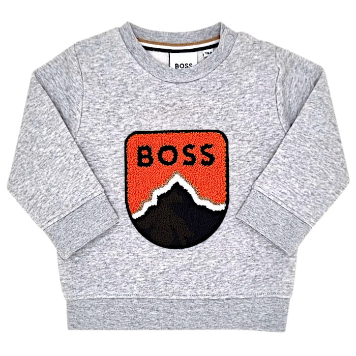 Sweat gris à écusson, Hugo Boss, 12 mois, vue de face, vêtement bébé garçon de marque