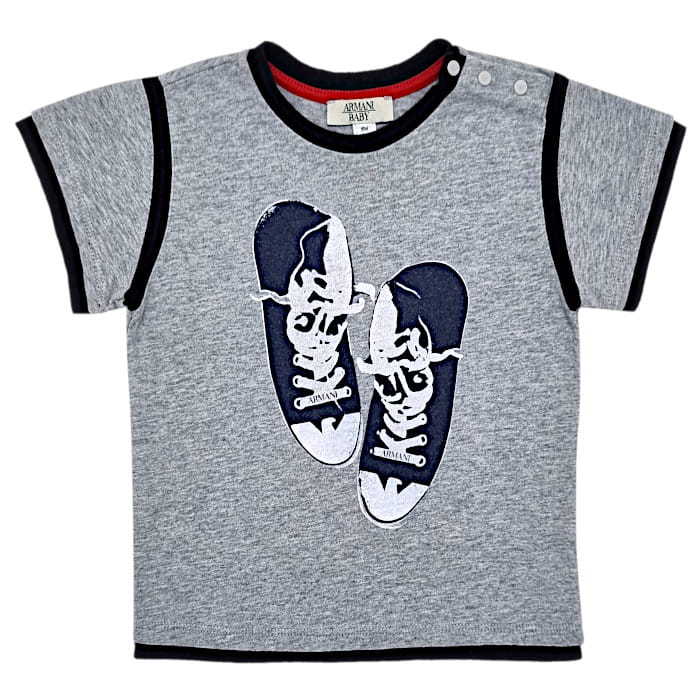 T-shirt garçon 18 mois Armani gris chiné illustration baskets - Vêtement bébé garçon luxe seconde main