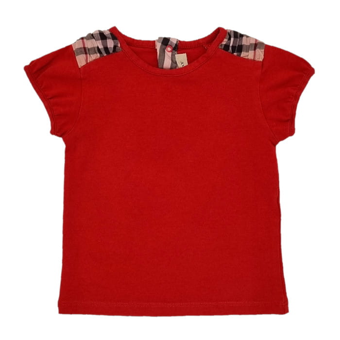 Tee-shirt rouge motif check, Burberry, 12 mois, vue de face, vêtement bébé fille luxe, habit de seconde main