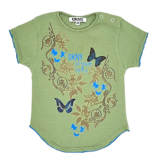 T-shirt DKNY bébé fille d'occasion 6 mois vert illustration papillons