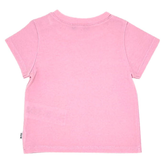 T-shirt rose à message, marque Hugo Boss, bébé fille 1 mois, vue de dos, vêtement seconde main pour nouveau-née en excellent état